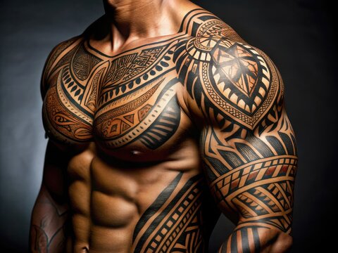 Ornate Polynesian Tribal Tattoo Design On Muscular, Tanned Arm, Showcasing Intricate Patterns And Bold Lines