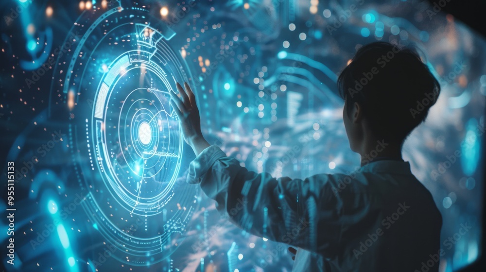Poster a person is touching a screen with a blue circle on it