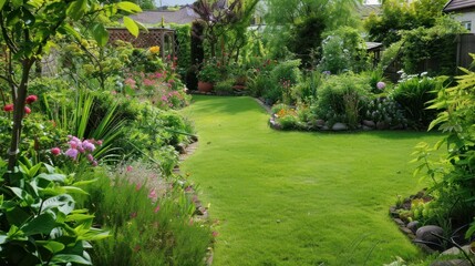 Naklejka premium Lush Backyard Garden with Green Grass and Flowers