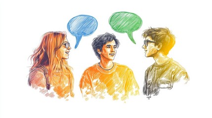 Three young people engaging in a lively conversation, illustrated with colorful speech bubbles representing dialogue and connection.