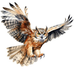 Naklejka premium Watercolor Painting of a Great Horned Owl in Flight
