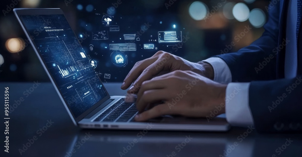 Poster computer data management system used by businessman with connection to a database, network cyber sec
