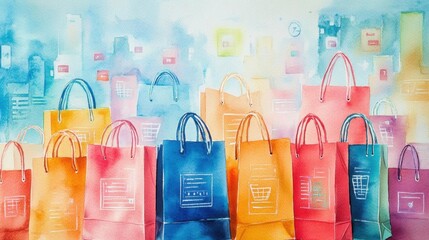Abstract watercolor of shopping bags with embedded data charts and graphs, sales metrics, e-commerce retail