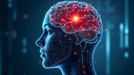 Obraz premium Human Brain Digital Illustration, Neural Network Concept, Side Profile Head View, Red Glowing Connections, Abstract Geometric Shape Overlay, Dark Blue Background