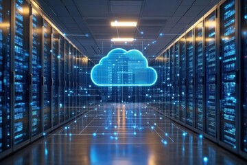 AIdriven cloud environment with automated scaling servers, representing the dynamic performance of cloud computing