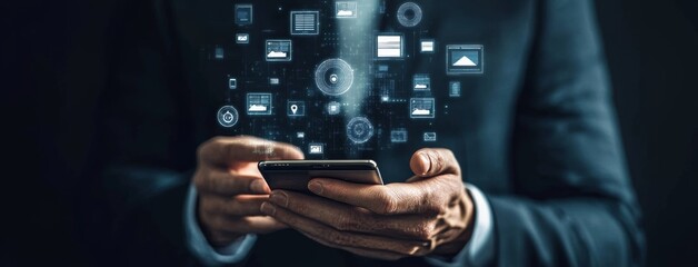 Security network. Data encryption, cloud computing and fingerprint biometric network security technology. Businessman using mobile phone for digital banking.