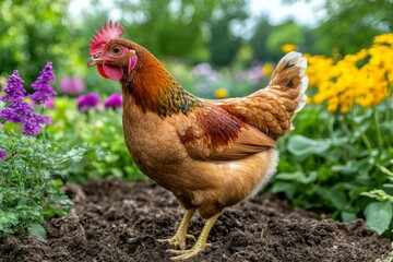 Fototapeta premium Brown Hen Standing in Garden Bed with Purple Flowers