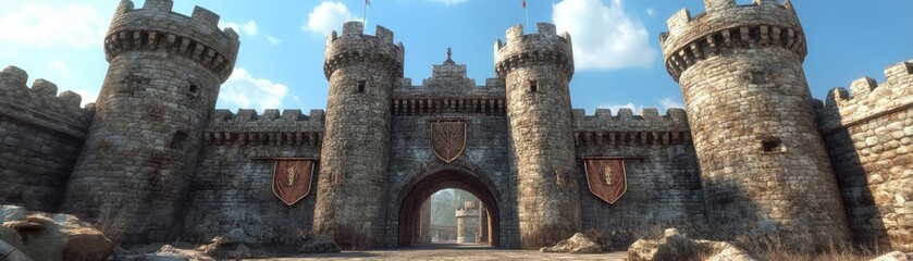 Fototapeta premium Medieval castle gatehouse, with a drawbridge, stone towers, and crenelated battlements, 3D architecture