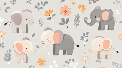 Fototapeta premium Whimsical illustration of cute elephants surrounded by colorful flowers and leaves, perfect for children's decor or design projects.
