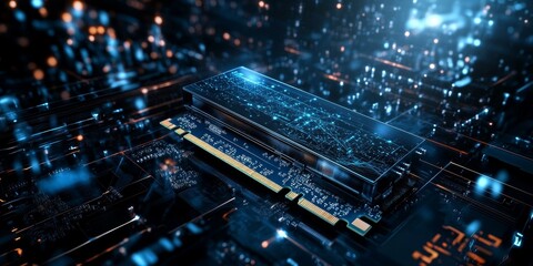 Fototapeta premium Circuit board with glowing blue lines.