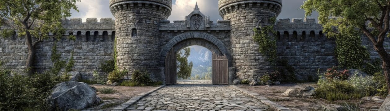 Medieval castle gatehouse, with a drawbridge, stone towers, and crenelated battlements, 3D architecture