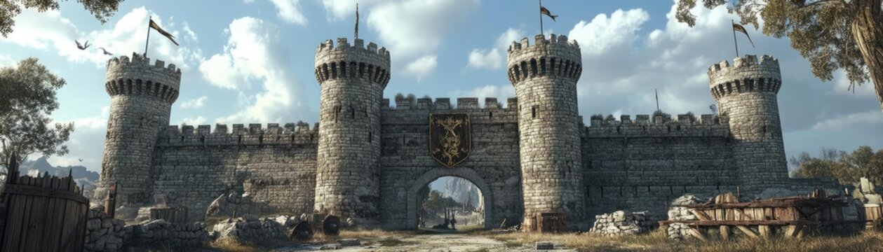 Medieval castle gatehouse, with a drawbridge, stone towers, and crenelated battlements, 3D architecture
