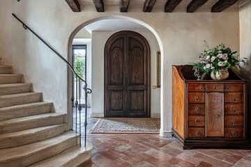 An elegant hallway with a curved staircase, arched doorway, and a wooden cabinet with flowers.