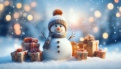 Obraz premium A snowman standing in the snow surrounded by gifts. Christmas background