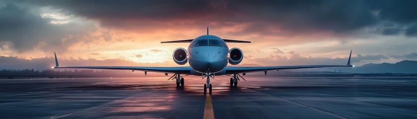 A sleek jet sits poised on the runway against a dramatic sunset sky, symbolizing luxury travel and adventure.