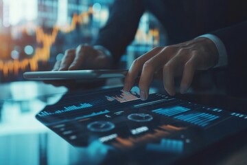 Businesswoman at office table reading and editing digital document on digital tablet using digital tablet, front view