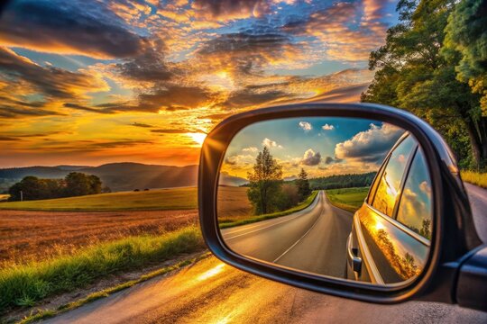 Rearview mirror reflection of a winding road at sunset, symbolizing nostalgia and reminiscence of past experiences and memories.