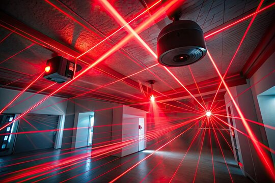 Red laser beams crisscross a dark room, triggering a blaring security alarm system with flashing lights and sirens, signaling a high-level intrusion threat.