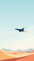 A lone fighter jet streaks across a vast desert sky, leaving a trail of smoke as it soars above the sand dunes.