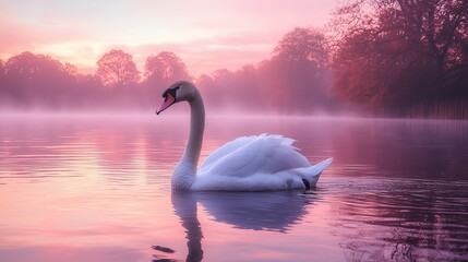 Fototapeta premium Serene Swan: Graceful Bird Gliding on Still Lake at Dawn with Mist Rising and Pink Sky