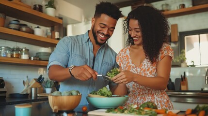A man and woman are in a kitchen preparing a salad. They are smiling and seem to be enjoying themselves