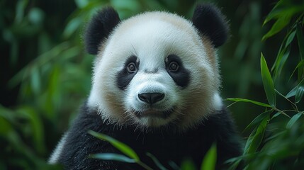 Obraz premium Peaceful Giant Panda Enjoying Bamboo Feast in Lush Forest Serenity