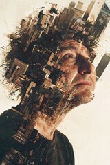 Fototapeta premium A portrait of a messy-looking middle-aged man, surrounded by the upside-down buildings 