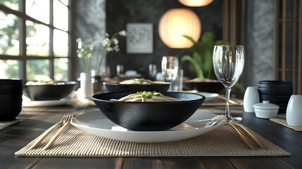 A modern table setting featuring 3D-rendered noodle bowls with an international twist