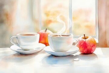 Morning coffee with steam rising in a cozy kitchen, gentle watercolor tones, Morning Coffee, Warm start to the day