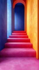 A staircase with pink and orange steps leading up to a blue wall
