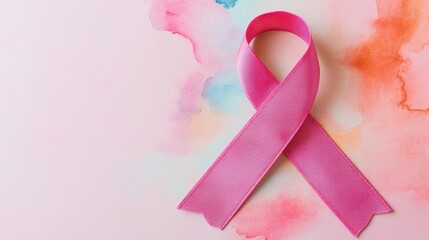 Pink ribbon with abstract watercolor splashes in the background, creating a dynamic and energetic breast cancer awareness image