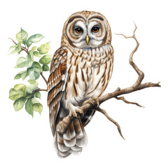 Naklejka premium Barred Owl Perched on Branch with Green Leaves
