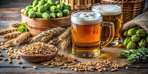 Close-up shot of various beer ingredients like hops, barley, and yeast, ready to be brewed into a delicious craft beer