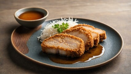 japanese grilled and fried dish tonkatsu isolated on an aesthetic plate, concept for advertisement