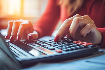 Fototapeta premium Finance and business concept, woman doing business data calculations in the office with calculator