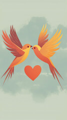 Obraz premium Two Lovebirds in Flight, Beaks Touching, a Red Heart Suspended Between Them, Against a Soft Blue-Green Sky.