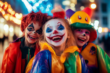 Fototapeta premium Children Halloween. Children dressed as creepy clowns with vibrant makeup and colorful costumes