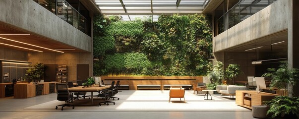 Open-concept coworking space, with modular furniture, green walls, and skylights, 3D architecture