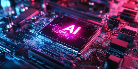 Fototapeta premium AI chip glowing on circuit board.