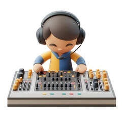 Sound engineer with a mixer and headphones, 3D illustration on transparent background