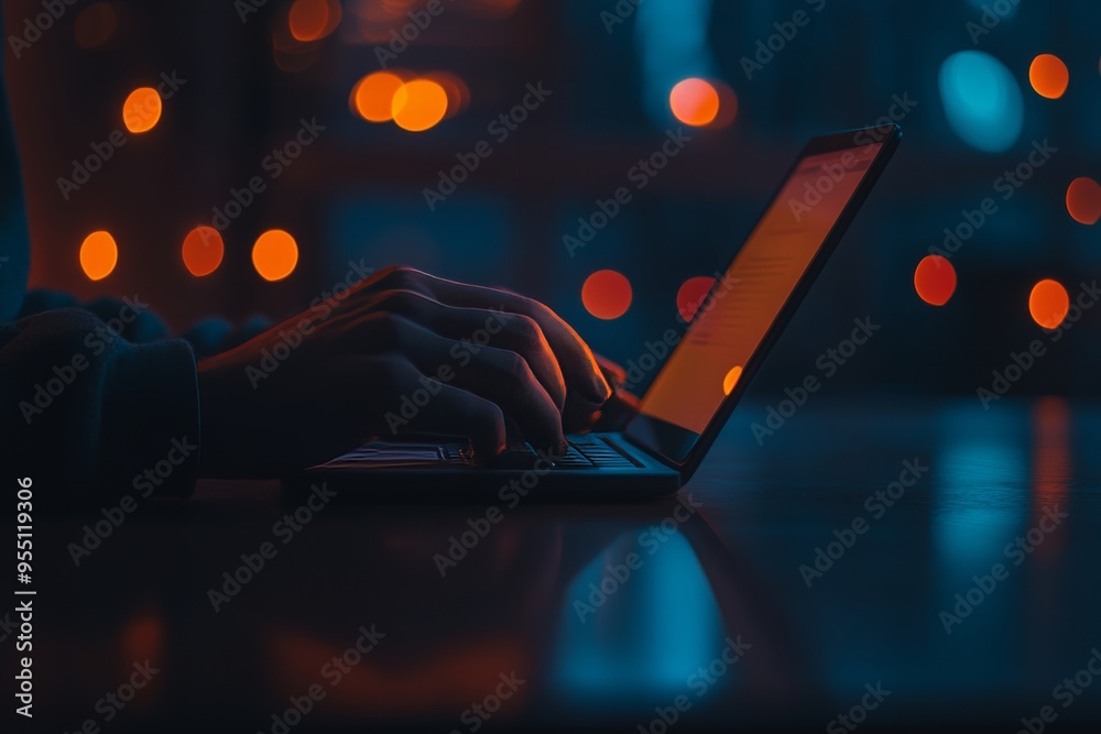 Poster surfing the internet on a table while using a mobile phone and working on a laptop computer