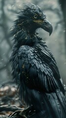 Fototapeta premium A black bird with gold speckles sits in a misty forest.