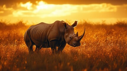 Obraz premium Majestic Rhino Grazing in African Savanna at Sunset with Long Shadow - Wildlife Safari Adventure in Golden Light