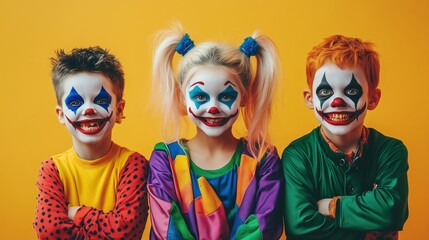 Fototapeta premium Children Halloween. Children dressed as creepy clowns with vibrant makeup and colorful costumes