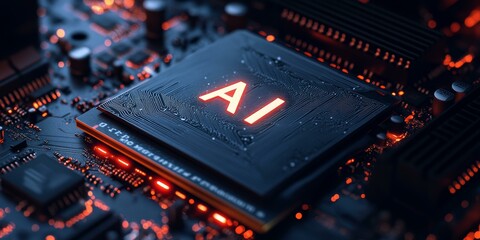 A circuit board with the word "AI" lit up.