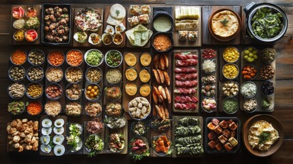A large spread of appetizers and side dishes on a wooden table, arranged in rows, perfect for a party or a large gathering.