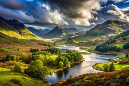 Rugged Highland landscape with misty lochs, rolling hills, and verdant glens, showcasing the dramatic beauty and mystique of Scotland's untamed wilderness.