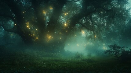 Magical misty forest with glowing lights.