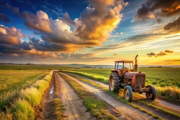 Fototapeta premium Rural landscape featuring a rusty old tractor abandoned in a vast open field with a worn dirt track leading to a distant horizon.