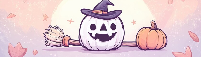 A cheerful cartoon pumpkin wearing a witch hat, accompanied by a broom and a smaller pumpkin, perfect for Halloween themes.